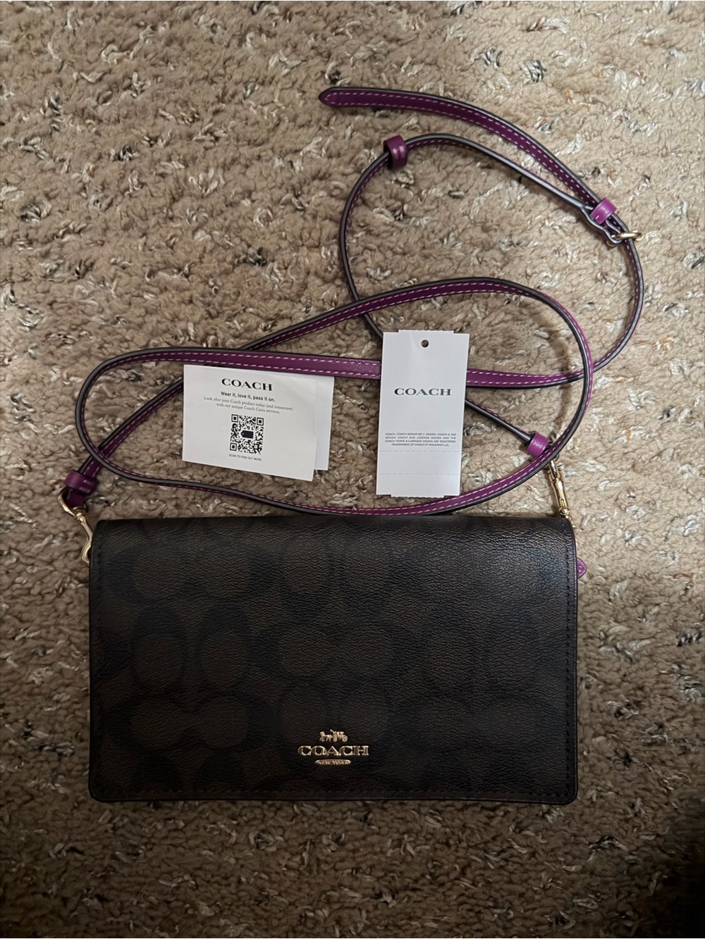 Coach Brown Signature Crossbody with Purple Strap